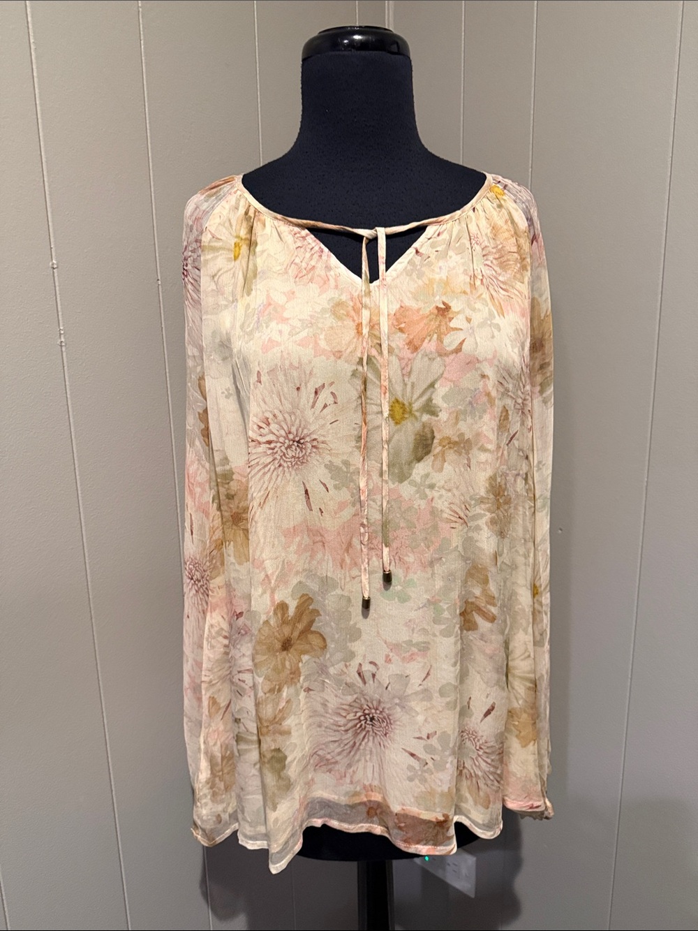 Sundance Women’s Large Cream Floral Tie-Neck Peasant Blouse